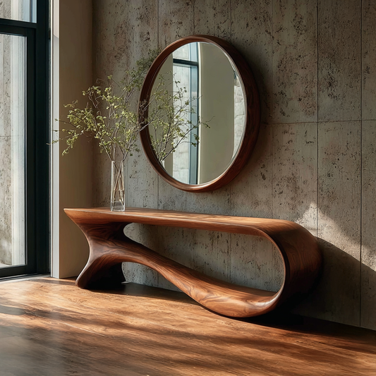 Jugaro Wall Round Mirror Console Table – Reclaimed Wood Décor Gift